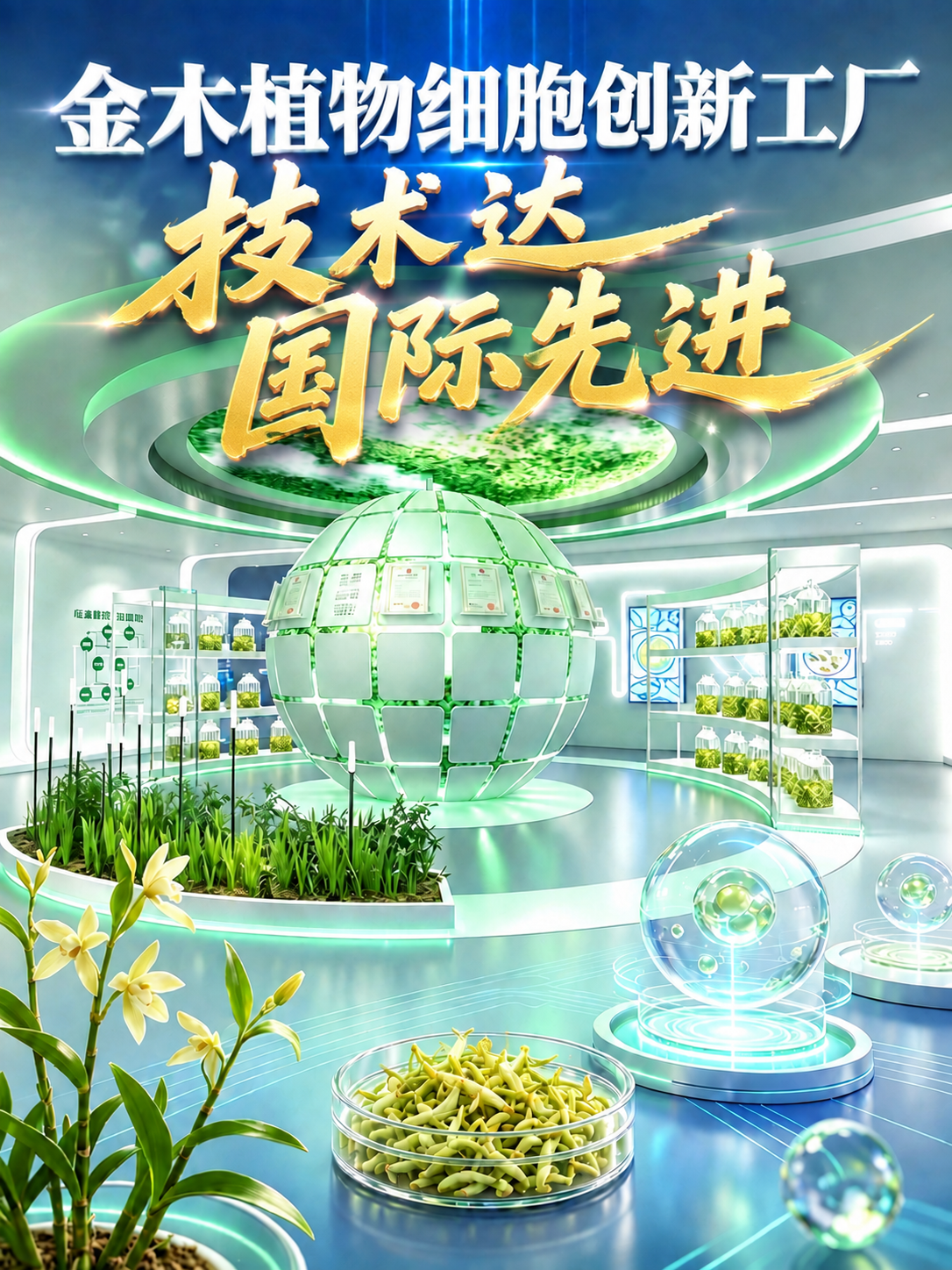 基于图1修改第二行标题：第一行"金木植物细胞创新工厂"白色粗体… - 图片创意预览