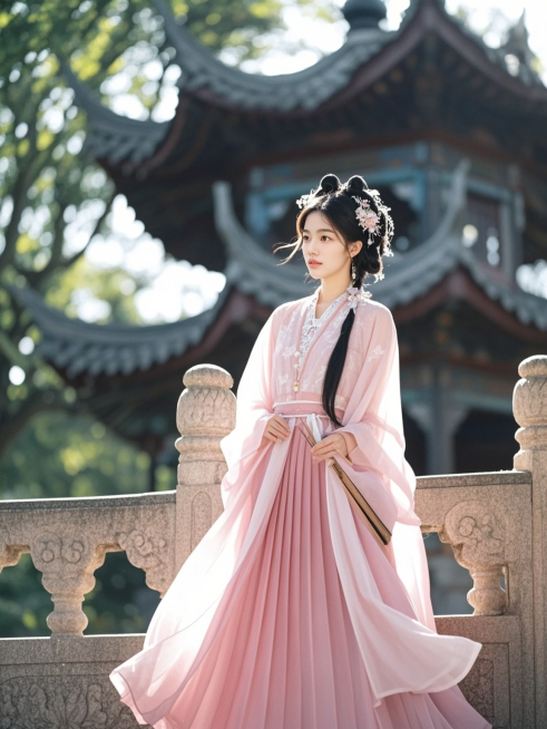 一名身穿粉色系汉服的女生，中式发饰，背景是亭子预览效果