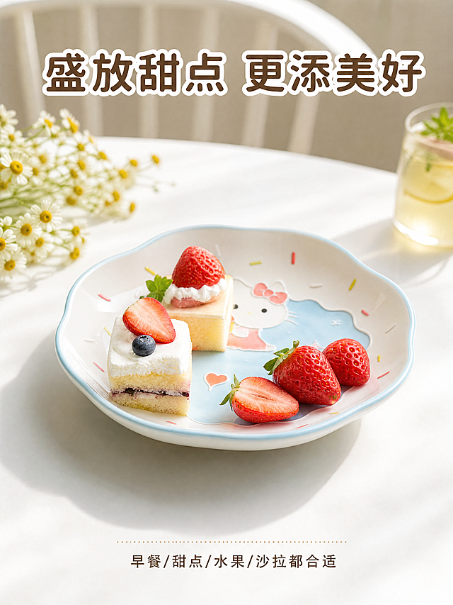 [第5屏] 使用演示，展示可爱卡通浮雕盘盛放甜点水果实景效果。本屏使用【图6】展示单个盘子摆放。
[氛围/风格] 清新食欲感，温馨居家风格，真实食物展示，光线通透，甜美治愈。
[元素布局] 盘子摆放在白色餐桌上，盘子里盛放几块小蛋糕和草莓，保持产品花型波浪边缘、浅蓝边框、兔子冰淇淋浮雕造型与原图一致。背景保留浅色墙面和餐椅，整体营造干净舒适的居家用餐氛围。甜点水果新鲜色彩饱满，提升食欲。
[光影质感] 室内柔和自然光，甜点和盘子高光自然，底部阴影柔和，整体画面明亮干净。
[配色色系] 全局底色：白色桌面+浅色墙面；主体：奶白陶瓷浅蓝色盘子；食物色彩丰富多样，增加画面活力。
[视角构图] 45度斜侧视角，主体盘子居中，食物展示清晰，背景虚化突出主体。
[文字版式] 顶部主标题 "盛放甜点 更添美好"，底部配文案 "早餐/甜点/水果/沙拉都合适"，文字居中清晰不遮挡主体和食物。
[比例分辨率] 3:4 竖版比例，4K分辨率，文字清晰可辨。
[负向提示词] 盘子变形，颜色偏差，结构错误，文字错乱，水果腐烂，水印