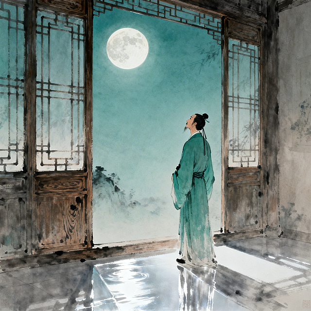 李白站在古代木窗前抬头望着夜空中的月亮，清澈明亮的月光透过窗户洒落在房间地面上，呈现出一片银白光洁的色泽，整体氛围静谧清幽，充满古典诗意，中国古风山水画风格