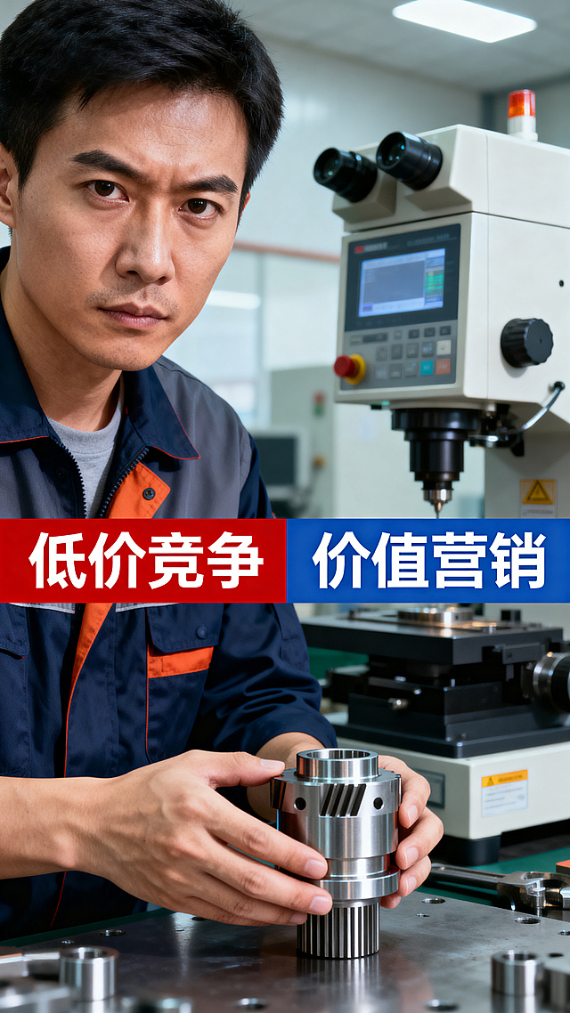 工人站在现代化机械加工车间里，放下手中的精密零件后直视前方镜头，神情严肃认真，在画面右侧添加对比字幕：画面左侧标注文字"低价竞争"，画面右侧标注文字"价值营销"，背景是工业检测仪器，光线专业明亮