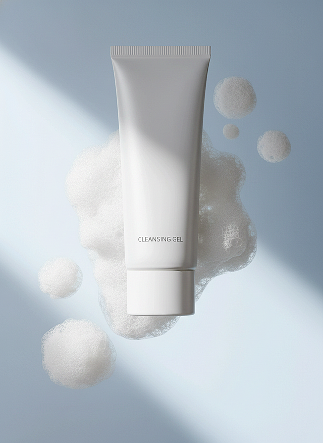 性冷淡风简约设计，轻拟物泡沫粒子环绕洁面凝胶，清透柔和光影营造清爽舒适感，极简美学呈现洁净仪式。