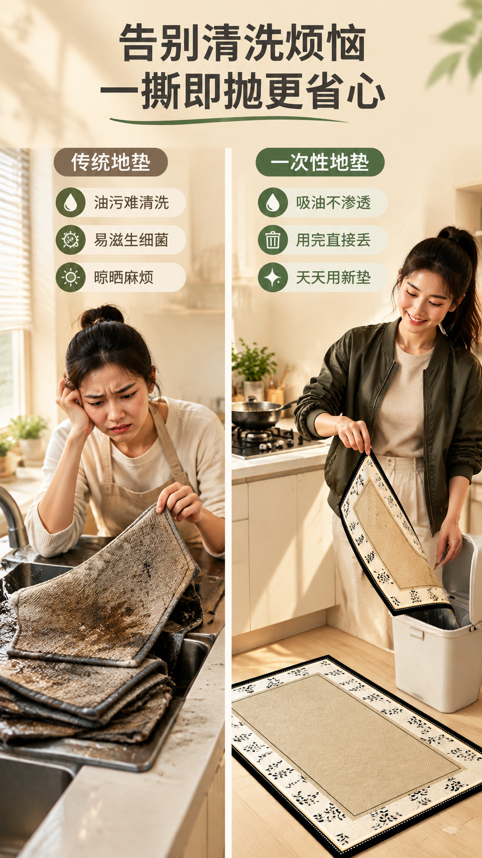 [商品] 使用【图1】一次性吸油厨房地垫；保留米黄主面、米白黑… - 图片创意预览
