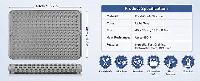 Amazon Premium A+ desktop specifications page, wide 61:25 ratio. Left side shows the light gray silicone drying mat laid flat, top-down view, with clear dimension annotation lines and arrows. Text labels: "40cm / 15.7in" (width), "30cm / 11.8in" (height). Below the flat mat, the mat is shown rolled up compactly to demonstrate space-saving storage. Right side has a clean specification card with dark blue header "Product Specifications" and rows of info: Material: Food-Grade Silicone, Color: Light Gray, Size: 40 x 30cm / 15.7 x 11.8in, Heat Resistance: Up to 450°F, Features: Non-slip, Fast Draining, Dishwasher Safe, BPA Free. Below the spec card, six circular certification icons arranged: Food Grade icon, BPA Free icon, Reusable icon, Dishwasher Safe icon, Heat Resistant icon, Non-Stick icon. Light gray-blue gradient background, clean modern infographic style. Product appearance must match reference exactly. No Chinese characters, wide banner format.