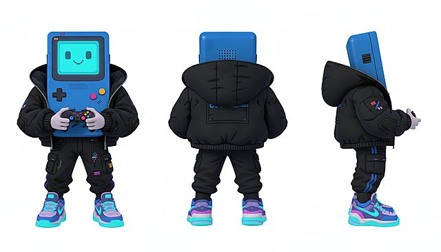 生成画作的3D潮玩风格的三视图，需要包含正面/背面/侧面视角，纯色背景