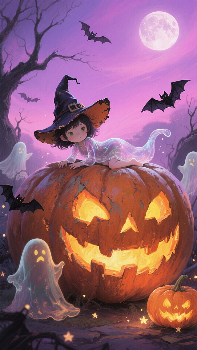 主体是带女巫帽的小阿飘趴在巨型南瓜灯上，周围环绕幽灵、蝙蝠、小南瓜灯等元素，背景是紫粉色渐变的月夜，点缀蝙蝠和枯树，神秘氛围。