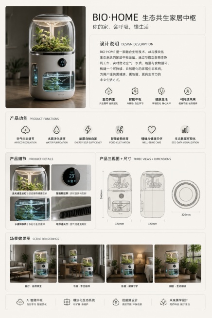 A4竖版设计展板，标题"BIO·HOME 生态共生家居中枢"，内容分区：主效果图、产品名称、设计说明、产品功能图、产品细节图、产品三视图+尺寸、场景效果图，左上角展示产品主效果图，下方依次排版各设计内预览效果