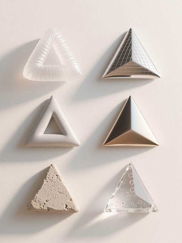 6个不同样式和材质的3D三角形几何形状元素，上下两行对齐排列，浅色背景，圆润边角的充气感半透明磨砂材质三角形、棱角分明的金属质感哑光三角形、表面有细腻网格纹理的硬质塑料三角形、带有渐变光泽的光滑陶瓷材质三角形、呈现粗糙颗粒感的砂岩材质三角形、具有通透水晶质感且内部有细微气泡的三角形，整体保持简洁现代的3D设计风格，柔和均匀的漫反射光源，物体阴影浅淡自然，每个三角形在保持三角形基本形态的同时展现出独特的材质特性和细微的样式变化。
