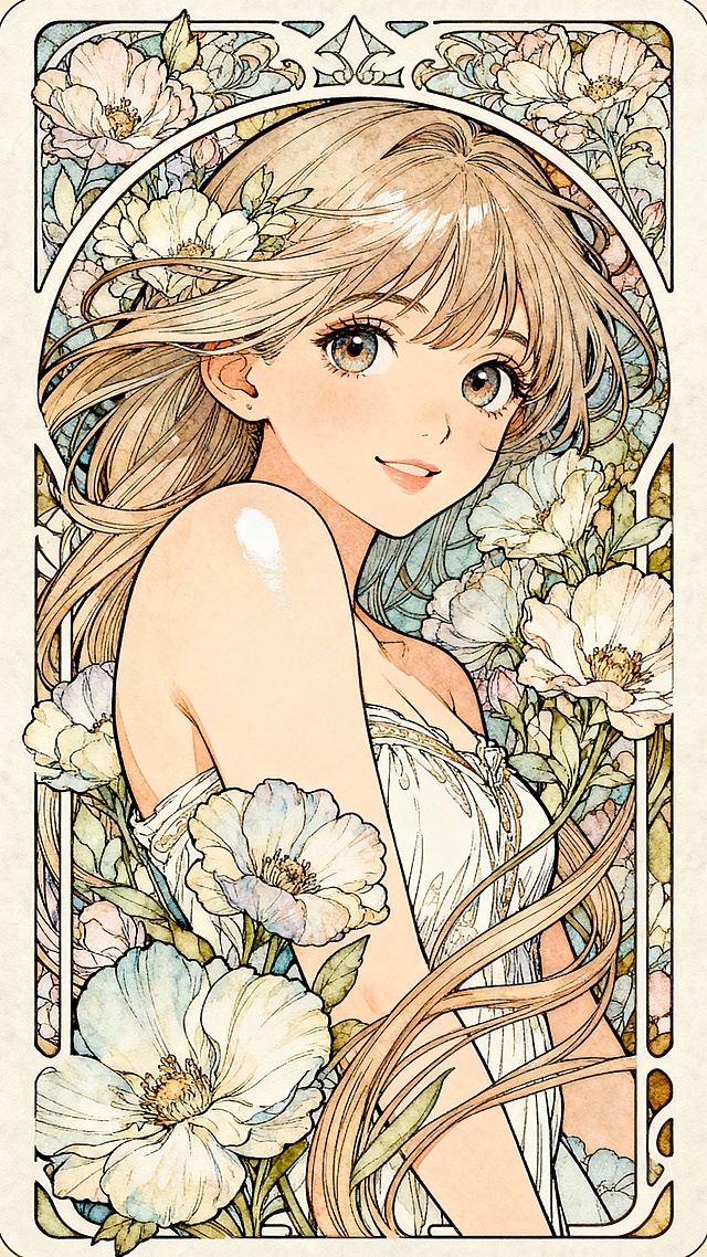 精致漂亮的女孩子，眼睛大，柔美的体态，柔和的配色，半身，周围全是花朵，梦幻的气氛