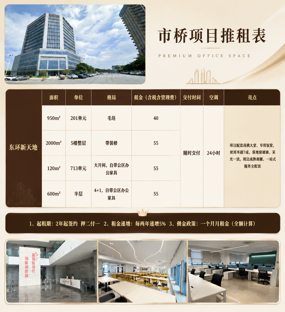 基于参考图的市桥项目推租表，重新设计为轻奢质感的写字楼招商单页… - 图片创意预览