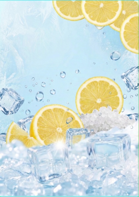 参考上一张设计，去除画面中的所有文字"海盐咸味柠檬糖果"和"和成天下"，保留整体海盐柠檬糖果风格，清新冰爽浅蓝冷色调，保留柠檬冰块元素布局，保留原有版面结构预览效果