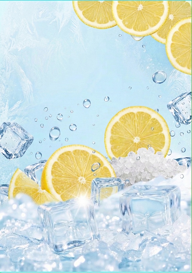 参考上一张设计，去除画面中的所有文字"海盐咸味柠檬糖果"和"和成天下"，保留整体海盐柠檬糖果风格，清新冰爽浅蓝冷色调，保留柠檬冰块元素布局，保留原有版面结构