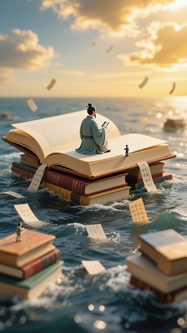 巨大翻开的书本上坐着一个迷你古风老师（青衫长袍，背影），书下面是一片汪洋的大海，