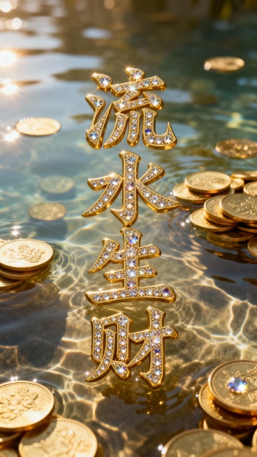 主体为金子做的“流水生财”，上面镶嵌珠宝，毛笔书法字体竖排版，背景：金币散落在清澈水中，暖阳光在硬币和水波纹上投射清晰高光与阴影，奢华金色调，硬币表面和水纹的精细纹理，散点构图带局部扎堆，浅景深模糊背预览效果