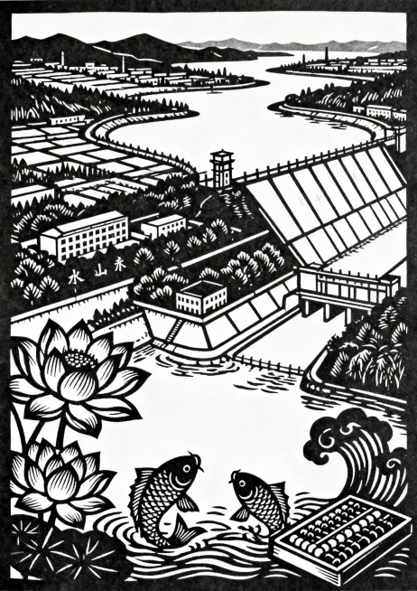 第三幅简化版成果：承接前两幅，完整展现山东水利工程全景，底部莲花鲤鱼跃水，右下角算盘账本，简化复杂细节线条，保持相同剪纸风格，A4竖幅单色底稿，呼应水清人廉主题预览效果