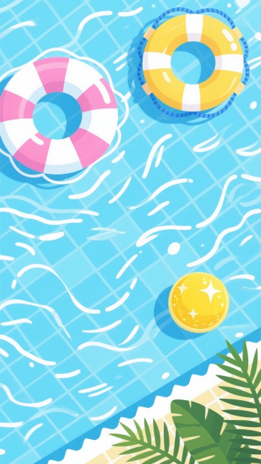 明亮欢快的卡通插画风格夏日清凉泳池水面俯视图，以浅蓝色泳池瓷砖为背景，表面布满波光粼粼的白色水波纹和清晰的网格纹理，营造轻松愉快的夏日氛围。左上角有一个粉白相间的条纹救生圈，带有明显的白色高光和圆形阴影；右上角是一个黄色救生圈，配有蓝色绳结和白色反光条；右下角有一个柠檬黄圆形浮球，表面装饰有闪亮的星形图案。右下角边缘点缀几片绿色棕榈叶，边缘呈锯齿状，增强夏日感。整体构图采用不规则分布，色彩以蓝……预览效果
