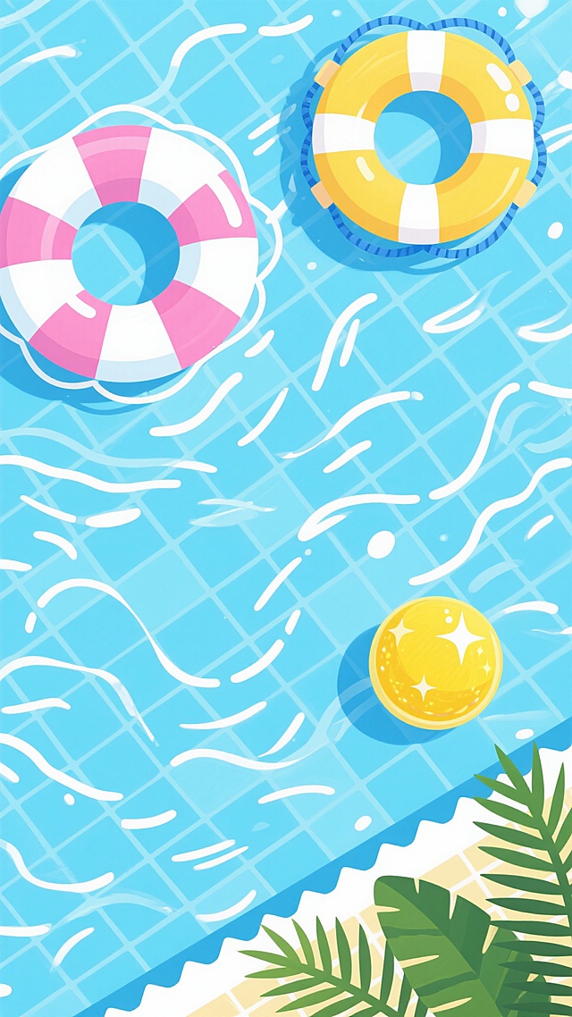 明亮欢快的卡通插画风格夏日清凉泳池水面俯视图，以浅蓝色泳池瓷砖为背景，表面布满波光粼粼的白色水波纹和清晰的网格纹理，营造轻松愉快的夏日氛围。左上角有一个粉白相间的条纹救生圈，带有明显的白色高光和圆形阴影；右上角是一个黄色救生圈，配有蓝色绳结和白色反光条；右下角有一个柠檬黄圆形浮球，表面装饰有闪亮的星形图案。右下角边缘点缀几片绿色棕榈叶，边缘呈锯齿状，增强夏日感。整体构图采用不规则分布，色彩以蓝、黄、粉为主色调，明快和谐，无文字和二维码元素。