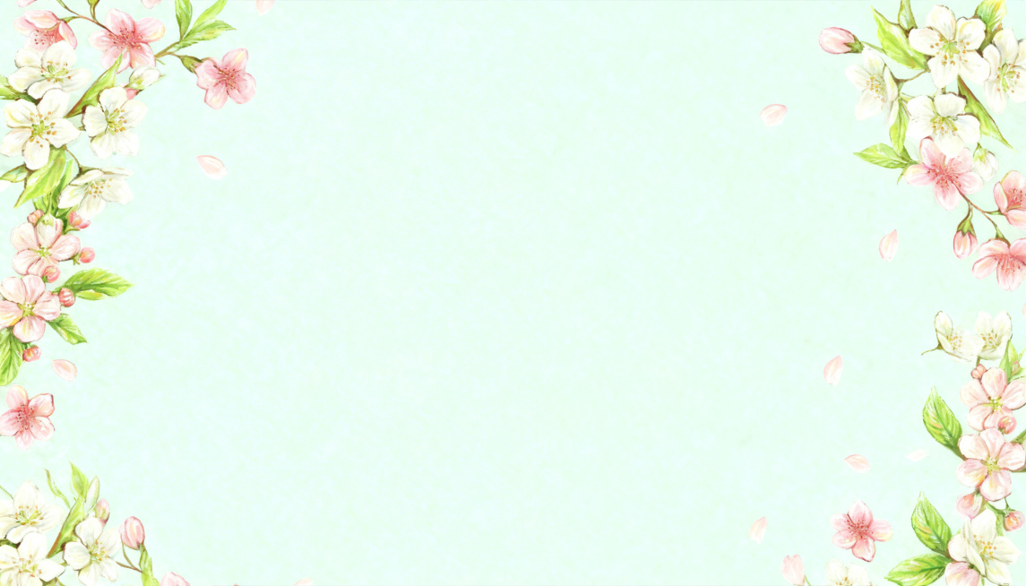 将原图扩展为横版，保持原有水彩手绘风格，浅青绿色纹理背景，延伸绘制粉色和白色桃花花枝，保留飘落花瓣与绿叶的整体风格和色调，生成4K高清电脑壁纸预览效果