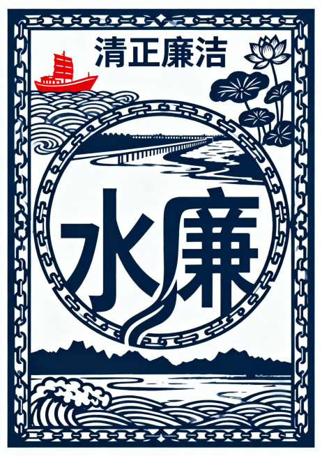 第一幅简化版开篇：水利廉洁主题A4竖幅剪纸底稿，外方内圆中心对称，外层边框水纹锁链，顶部清正廉洁文字，前景水字嵌入廉字，远景黄河大堤，左上角红船，右上角荷花，简化线条，阳刻为主阴刻为辅，单色底稿适合雕预览效果