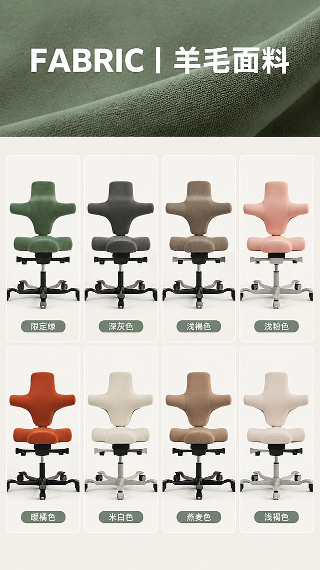 [商品] 使用羊毛面料系列8款工学骑马椅（限定绿、深灰色、浅褐色、浅粉色、暖橘色、米白色、燕麦色等）；保留每款椅子的十字形靠背、马鞍坐垫、五星脚轮结构与羊毛面料颜色纹理。
[画面] 目标：SKU展示页-羊毛面料8色矩阵。顶部通栏绿色面料纹理+标题，下方2行4列网格展示8款不同颜色的羊毛面料椅子，每款椅子下方标注色名。每款椅子置于统一白色底座上，光影一致。浅米白背景。
[视觉] 套系策略：风格=北欧简约高级商业摄影；标题字=现代无衬线粗黑体；正文字=简洁无衬线体；主色=限定绿+米白；背景延展=米白底+绿色顶部面料纹理条；强调色=限定绿，仅用于顶部条和标签；标题色=白色（顶部）/炭黑色（正文）；正文色=深灰色；组件=顶部通栏面料条、网格细线分隔、圆角底座；光影=每格统一前侧柔光。
[文字] 顶部通栏："FABRIC | 羊毛面料"（白色大字）。每款下方标注色名：限定绿、深灰色、浅褐色、浅粉色、暖橘色、米白色、燕麦色。文字均为横排。
[规格] 图片比例9:16竖版，4K，负向：变形、错字、文字过小、颜色改变、结构失真。