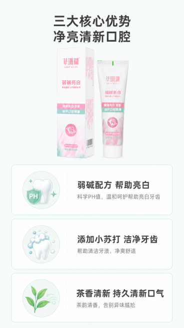 [第2屏] 核心卖点展示屏，草珊瑚苏打茶洁香型牙膏三大核心卖点深度解析。
[氛围/风格] 简约清晰信息展示风，干净透气，专业可信，商业平面设计质感。
[元素布局] 页面顶部放置主标题区域，下方三格纵向预览效果