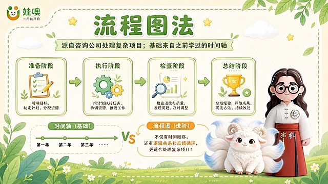 A4横版儿童教育PPT页面，清新杏色和绿色可爱风格，浅杏色背景，绿色叶子装饰，白色云朵，黄色星星点缀，圆角虚线边框。左上角有"娃噢 一用就开窍"品牌logo。页面大标题为"流程图法"，绿色粗体大字。副标题为"源自咨询公司处理复杂项目；基础来自之前学过的时间轴"。中间展示一个横向的流程图示例，用箭头连接的步骤卡片，体现从时间轴升级为流程图的概念，比如：准备阶段→执行阶段→检查阶段→总结阶段，每个步骤配小图标。可以在旁边放一个时间轴做对比，体现流程图是时间轴的进阶。页面右下角放置穿白色中式盘扣上衣红色裙子戴黑框眼镜棕色长卷发的3D卡通女老师（与参考图1完全一致）和白色九尾羊有螺旋羊角尾巴尖带淡蓝色的毛绒神兽形象（与参考图2完全一致），形象准确不变。底部有绿色草地和叶子装饰。整体风格清新可爱，A4横向比例
