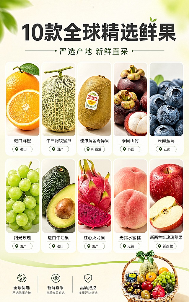 [商品] 使用【图1】安康-鲜果果篮中的各类水果作为原料展示；保留每种水果的真实外观、颜色和质感：进口鲜橙橙色饱满、牛三网纹蜜瓜网纹表皮、佳沛黄金奇异果棕皮带标签、泰国山竹深紫带绿蒂、云南蓝莓深蓝带白霜、阳光玫瑰青绿色透亮、进口牛油果深绿粗糙皮、红心火龙果玫红鳞片、无锡水蜜桃粉嫩带毛、新西兰红玫瑰苹果红亮带纹。
[画面] 目标：成分/产地展示，突出10款全球鲜果的产地溯源与品质。构图：网格布局，2行5列共10款水果小图卡片，每款水果占独立卡片，卡片下方标注产地名称。上方标题区，底部果篮小图作点缀。原料元素尺度：单款水果图占对应卡片≥80%，10款水果主视觉合计占画面≥60%。景别：每款水果中近景特写。前中后景：前景水果卡片，中景浅底背景，后景淡绿色渐变光晕。
[视觉] 套系策略：风格=清新高级生鲜商业摄影；标题字=现代简约粗黑体；正文字=简洁无衬线体；主色=清新果绿；背景延展=基于浅米色做同色渐变和细腻纸张质感；强调色=深果绿，仅用于小面积图标、引线和标签；标题色=深炭灰；正文色=中暖灰；组件=圆角白色水果卡片、细线分隔、产地小标签；光影=左前侧暖柔光，每款水果独立布光突出新鲜质感。
[文字] 顶部主标题「10款全球精选鲜果」，副标题「严选产地 新鲜直采」。10款水果卡片下方分别标注产地：进口鲜橙-进口、牛三网纹蜜瓜-国产、佳沛黄金奇异果-新西兰、泰国山竹-泰国、云南蓝莓-云南、阳光玫瑰-国产、进口牛油果-进口、红心火龙果-国产、无锡水蜜桃-无锡、新西兰红玫瑰苹果-新西兰。文字横排，手机端可读。
[规格] 图片宽度750px，高度1200px（比例5:8），分辨率4K，负向提示：避免变形、错字、文字过小、水果种类缺失、产地标注错误、冷蓝/蓝灰背景、节日元素、极限词。