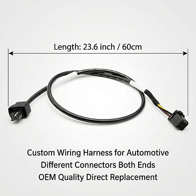 [Main Image 5] Product size specification. Keep original product shape, remove orange logo. Add clear dimension labels in Inch and CM on light gray background: Length 23.6inch / 60cm. Add English specification notes: "Custom Wiring Harness for Automotive", "Different Connectors Both Ends", "OEM Quality Direct Replacement". All text in English, clean layout. 1:1 square.