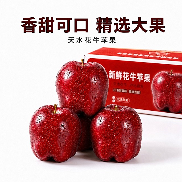 在这张天水花牛苹果图片的画面上方添加文字，文字样式参考参考图：第一行是大字号深红色粗黑体文字"香甜可口 精选大果"，第二行是较小字号深灰色黑体文字"天水花牛苹果"，两行文字垂直居中排列在画面上方区域，苹果主体位于文字下方。保持原图的苹果、包装箱、白色背景、水珠、光影完全不变，只添加文字。文字清晰锐利，字体为粗黑体，深红色标题，深灰色副标题，与参考图的文字风格、大小比例、颜色、位置完全一致。画面干净，无水印无平台Logo。