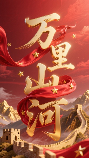 红色背景。主标题笔触飘逸的金色艺术字“万里山河”，一条突出的动态感强的红色绸布（表面凸显金色星星）贯穿缠绕文字，金色山脉、万里长城穿插其在文字周围。预览效果