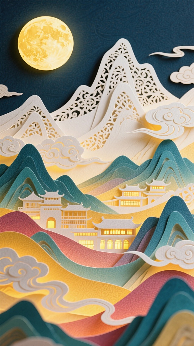 纸雕立体层叠质感（精细镂空细节，边缘带轻微阴影增强立体感），圆月泛柔和暖黄光泽，工笔山峦施细腻笔触（纹理清晰，叠嶂间留白透气），古今建筑灯火从山脚到山腰渐变（近景灯火明亮、远景灯火朦胧），祥云带纸雕浮雕感（缀细微花纹），中秋团圆温馨氛围（光影烘托温暖感）