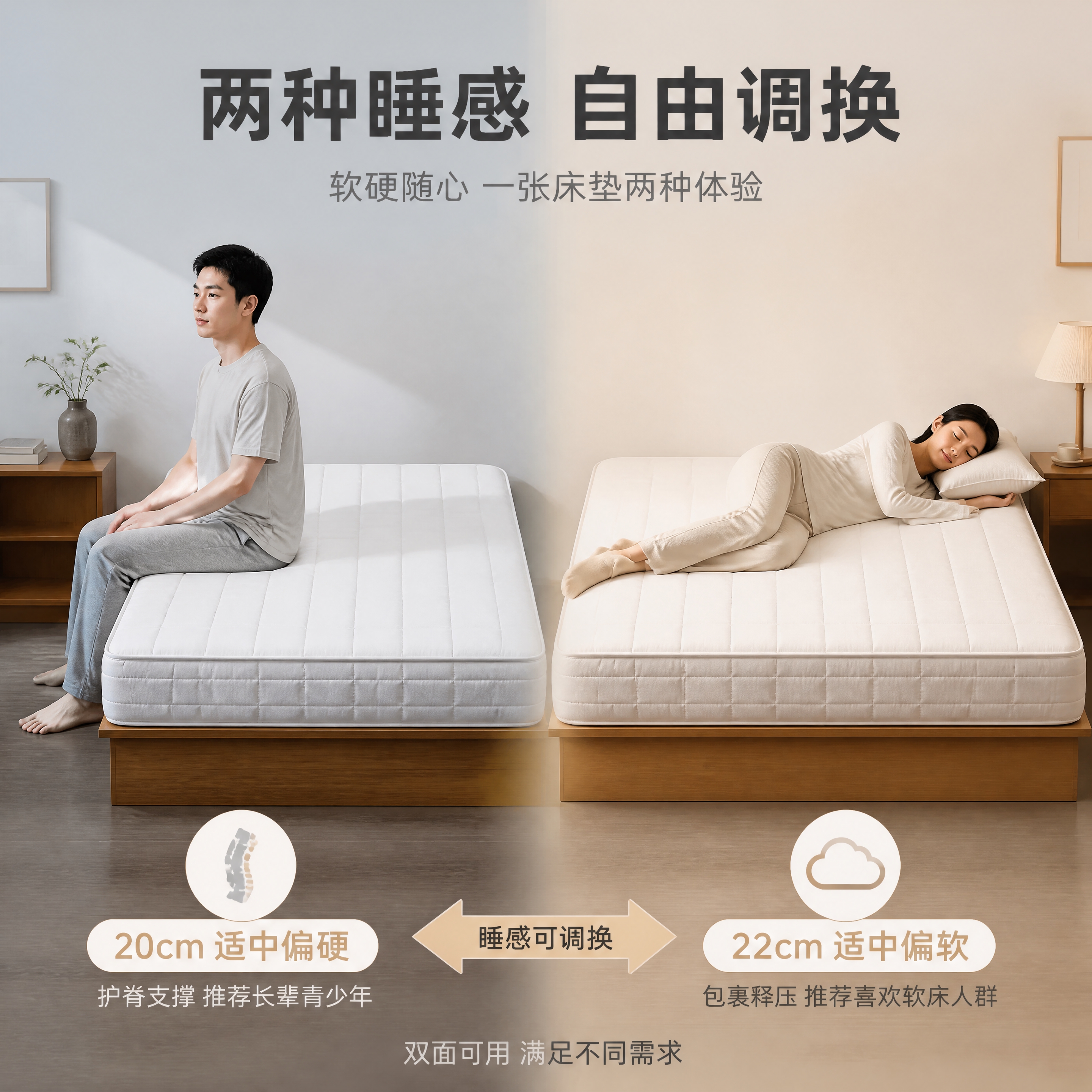 [主图-3] 睡感可调与舒适体验图，展示两种睡感自由调换与人体… - 图片创意预览