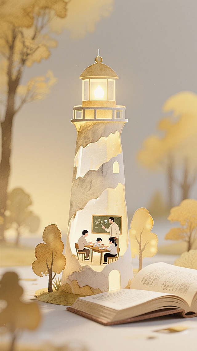 文艺感插画风，剪纸艺术展现教师节温馨场景，灯塔内师生互动，书香弥漫。
