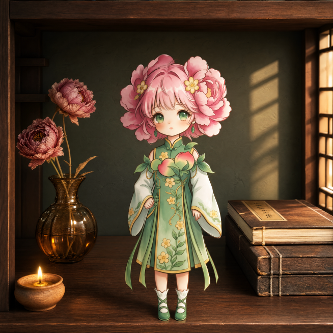 商业插画插画创作。
主体：Q版国风牡丹少女IP严格参照上传产品图，完整保留所有可见组件、发型、服装、桃子装饰、结构、比例、材质、颜色与图案信息，与上传图完全一致。产品占画面60%~70%，完整不裁切，预览效果