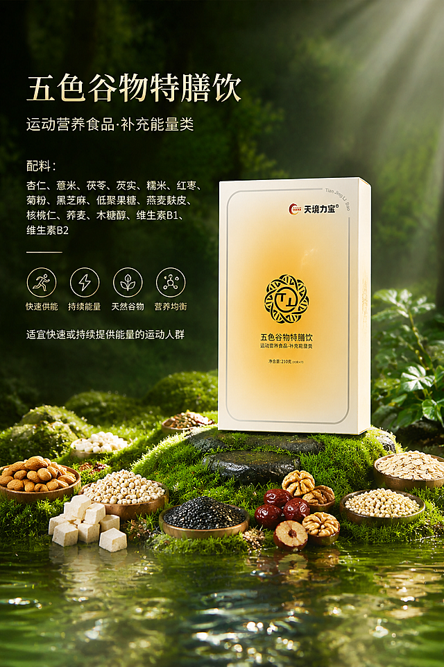 参考图1的森林苔藓水面光影风格，将画面中的精华瓶替换为图3的天境力宝五色谷物特膳饮盒装产品，保持产品原有比例和外观细节不变，产品放置在湿润的绿色苔藓石头上，周围散落谷物食材如杏仁、薏米、茯苓、芡实、红枣、黑芝麻、燕麦、核桃仁等天然原料，背景是朦胧深绿色森林，右上角有柔和丁达尔光束穿透树叶，前景有水面倒影和光斑，整体氛围自然清新、健康天然、高级质感，商业产品摄影，光影细腻，画面中添加产品文案：“五色谷物特膳饮 运动营养食品·补充能量类 配料：杏仁、薏米、茯苓、芡实、糯米、红枣、菊粉、黑芝麻、低聚果糖、燕麦麸皮、核桃仁、荞麦、木糖醇、维生素B1、维生素B2 适宜快速或持续提供能量的运动人群”，文字排版精致美观