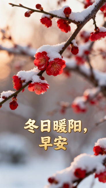 雪后的红梅枝桠，积雪点缀着红花，配 “冬日暖阳，早安”预览效果