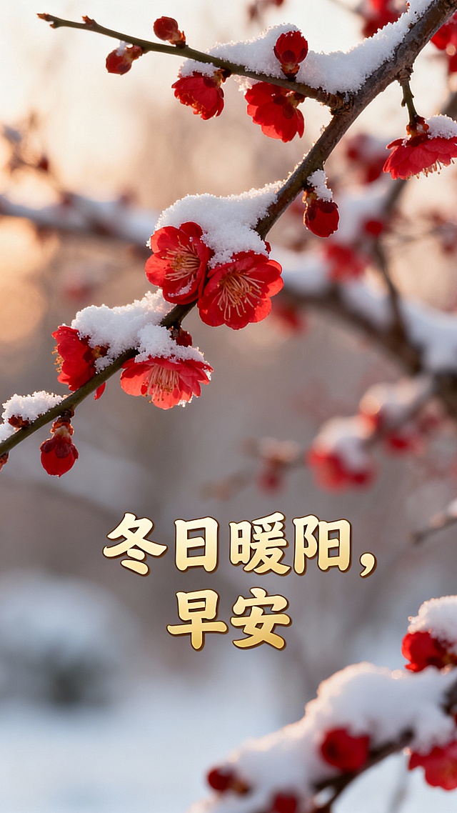 雪后的红梅枝桠，积雪点缀着红花，配 “冬日暖阳，早安”