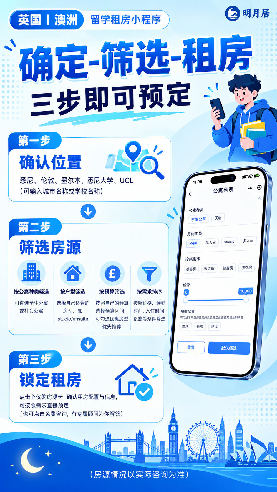重新设计一张留学租房小程序海报，蓝色系配色（浅蓝/深蓝/青蓝渐… - 图片创意预览