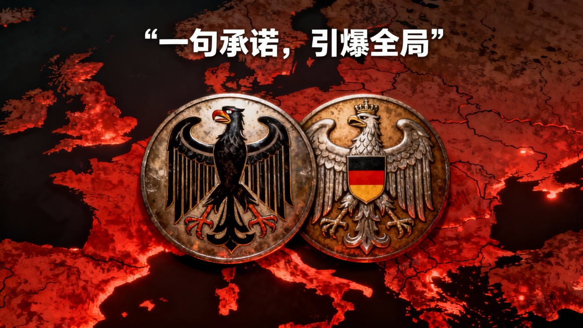 图文案：
“一句承诺，引爆全局”

提示词：

德国与奥匈帝国象征性握手，背景为逐渐点亮的战争警报地图，象征承诺引发连锁反应，紧张历史插画风格预览效果
