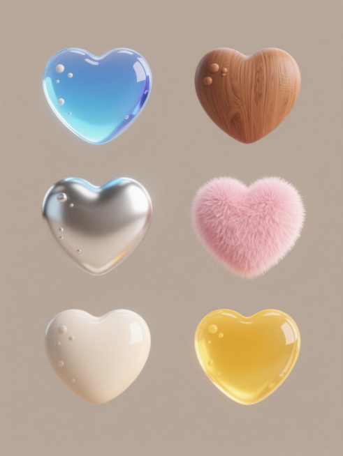 六个不同材质的软3D风格心形图标系列，保持心形主体造型、圆润边缘、高光反光细节及周围点缀小圆点元素，纯色背景，规整排布成集合；分别为：1. 玻璃材质心形，通透渐变蓝色，晶莹光泽，折射光影；2. 木质材质心形，温暖棕色调，木纹肌理，哑光质感；3. 金属材质心形，银白色，金属拉丝效果，冷冽反光；4. 绒毛材质心形，粉色，柔软蓬松质感，边缘毛茸茸；5. 陶瓷材质心形，米白色，光滑釉面，细腻高光；6.……预览效果
