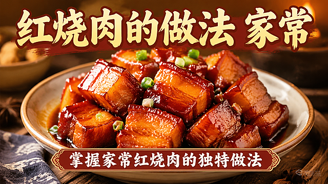 美食菜谱封面图，画面上方显示文字"红烧肉的做法 家常"，下方显示文字"掌握家常红烧肉的独特做法"，背景是一盘色泽红亮的家常红烧肉实拍图，整体风格温暖诱人，适合美食教程展示
