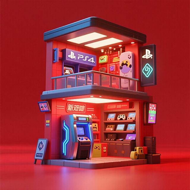 画面主视觉是一家赛博朋克双层游戏店，一楼摆放游戏主机，二楼摆放索尼PS4金币、红包等元素，电商红色氛围。