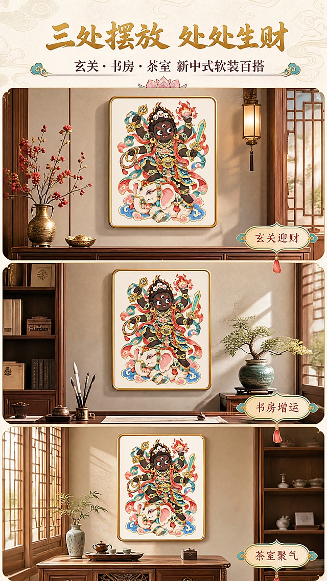 [商品] 使用【图1】Q版黑财神骑白象国潮装饰画；保留完整造型、颜色和描金细节；商品处理：将画作为装饰画成品展示，装裱于金色圆角画框中，画芯内容与原图完全一致。
[画面] 页面目标：场景种草，展示三大摆放场景；构图：三格竖排拼图，从上至下依次为玄关柜摆台、书房墙面悬挂、茶室边柜陈列三格，每格均为真实家居场景中摆放该装饰画；每格场景占画面约30%，格间用金色细线分隔；阅读动线从上到下逐格浏览。
[视觉] 套系策略：风格=国潮新中式商业插画海报风；标题字=国潮书法粗体带描金；正文字=圆润宋体；主色=朱砂红+鎏金+石青；背景延展=基于米白宣纸色做深浅云纹底纹和金箔颗粒质感；强调色=松石绿，仅用于小面积图标、引线和装饰元素；标题色=鎏金色；正文色=深赭石色；组件=云纹边框、莲花形信息卡、如意纹分隔线；光影=暖自然光，场景内柔和漫射，画框有自然反光。
[文字] 顶部主标题「三处摆放 处处生财」，副标题「玄关·书房·茶室 新中式软装百搭」；每格场景右下角配小字标签「玄关迎财」「书房增运」「茶室聚气」；文字区位于顶部和各格角落，不遮挡画芯主体；所有文字横排。
[规格] 图片比例9:16竖版，4K分辨率，负向提示：避免画芯变形、颜色偏差、场景违和、文字模糊、现代极简风格、冷色调场景。