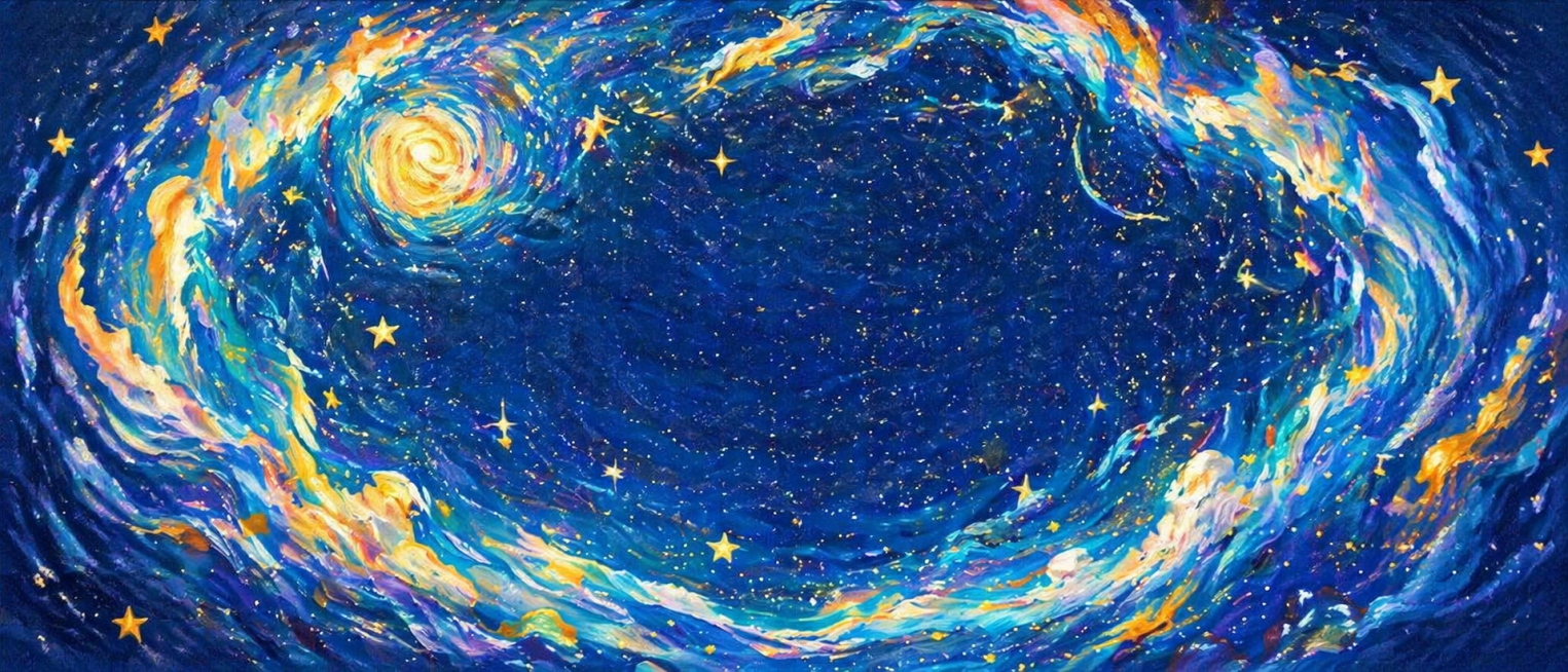 参考原图的油画厚涂星空风格，生成3:1比例的画布，在画面四周用星河组成圈形画框边框，保持星辰、蓝金配色的油画质感预览效果