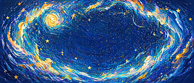 参考原图的油画厚涂星空风格，生成3:1比例的画布，在画面四周用星河组成圈形画框边框，保持星辰、蓝金配色的油画质感