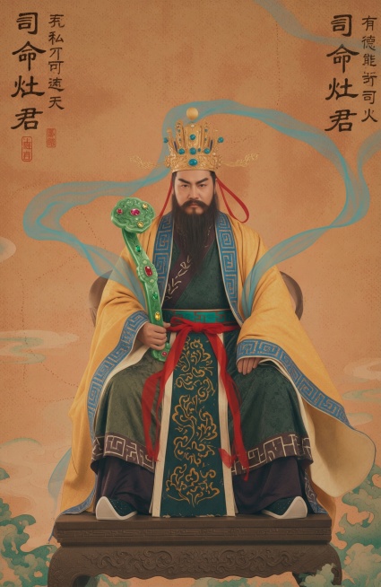 手中的物品改成绿色翡翠如意，上面镶嵌有红色绿色黄色的宝石预览效果