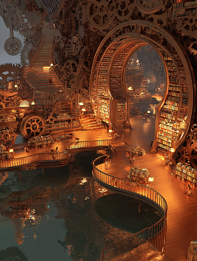 Steampunk dream library, floating gears as islands connected by crystal bridges, Victorian-clad foxes reading glowing books, warm copper and amber lighting, detailed machinery, surreal perspective from a keyhole. --ar 3:4 --style expressive