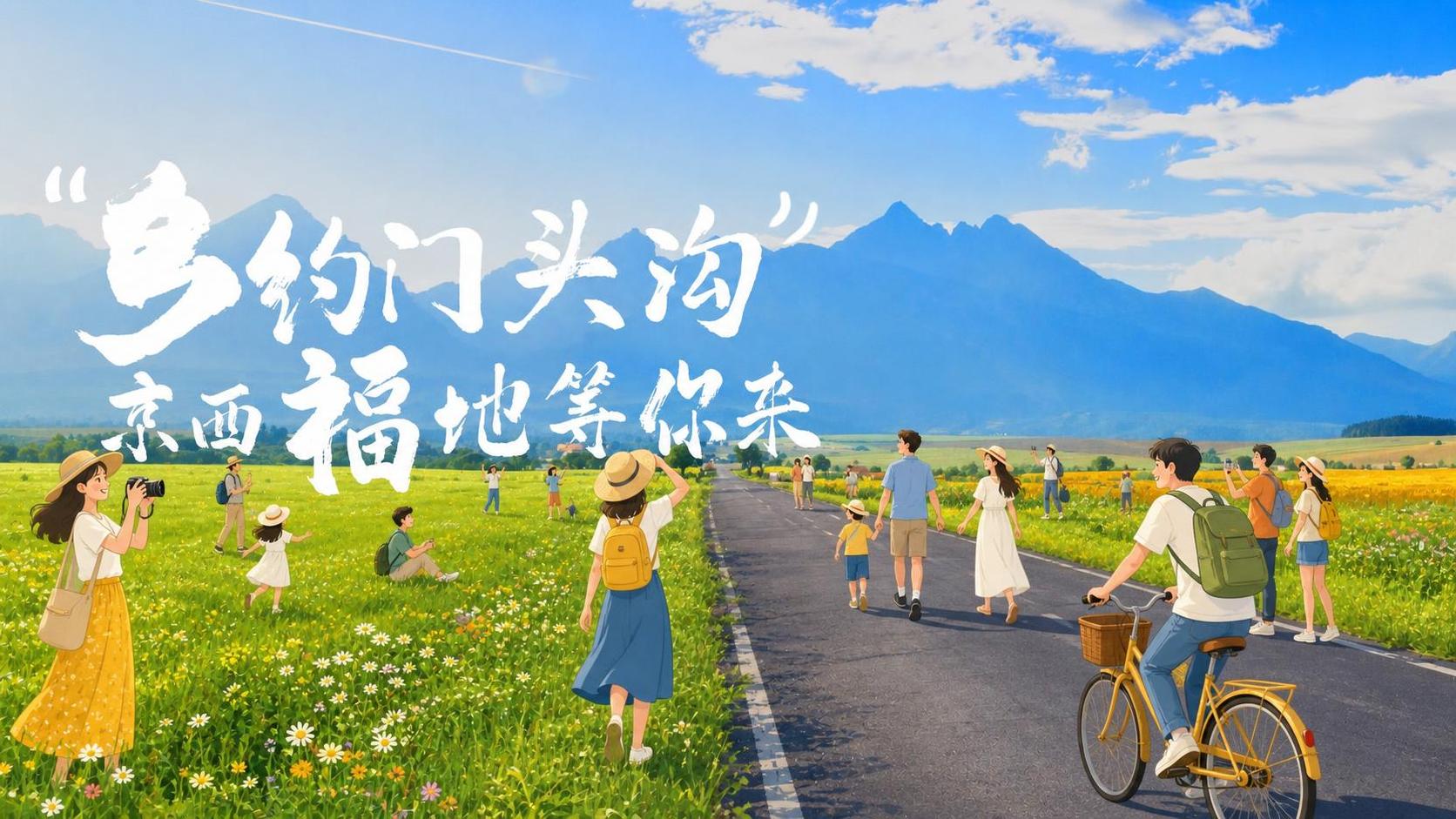 在画面中添加多个来乡村旅游的插画风格人物，人物数量多一些，分布… - 图片创意预览