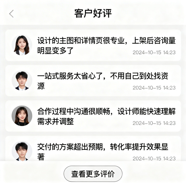 模拟手机端客户好评截图界面，展示3-4条真实感强的好评内容，比如"设计的主图和详情页很专业，上架后咨询量明显变多了""一站式服务太省心了，不用自己到处找资源"，界面顶部有"客户好评"的标题，整体风格贴预览效果
