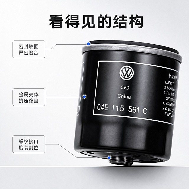 [主图-2] 机油滤清器 结构亮点导图：唯一任务是讲清外观可见的结构组成。
[统一基调] 京东简洁品质风：背景为浅灰到纯白柔和渐变 #F3F5F8 到 #FFFFFF，底部一条超薄浅灰承台；标题字色深墨黑 #14171A，辅助字中灰 #6B7280，强调色为产品标签同款大众蓝 #0B4DA2；全套只用一种无衬线黑体，标题加粗放大，辅助文字字号比标题小一半以上；信息组件统一为细线圆角卡片、细引线加定位光点、小号方角标签；主光统一自左上45度射入，投影柔和向右下；不用厚重色块底板，不用通栏边框，保持大面积留白。
[画面] 机油滤清器以约30度微倾立在画面右侧，占画面约65%，产品保持输入图外观结构不变；左侧为信息区，三条细引线从产品上的定位光点引出，分别指向顶部密封胶圈、中部金属壳体环带、底部中心螺纹接口，引线末端配小圆点与短句；只标注外观可见部件，不做拆解、不做爆炸图。
[光影质感] 左上主光，圆柱面纵向高光，胶圈哑光，金属环带细密反光，底部接触阴影自然真实。
[配色] 浅灰白渐变底，引线与短句用中灰，强调色只用于引线末端定位光点。
[文字版式] 顶部标题“看得见的结构”，三条引线短句“密封胶圈 严密贴合”“金属壳体 抗压稳固”“螺纹接口 旋装到位”，横排小号字，均落在留白处不遮挡产品。
[输出要求] 1:1 方形，产品清晰，文字清晰可读。
[负向] 画面不出现任何“原厂”“原装”“正品”字样与类似宣称，不出现平台Logo、水印、二维码，不使用绝对化用语，产品不变形、虚构内部结构、不出现错字、不模糊、不杂乱。
